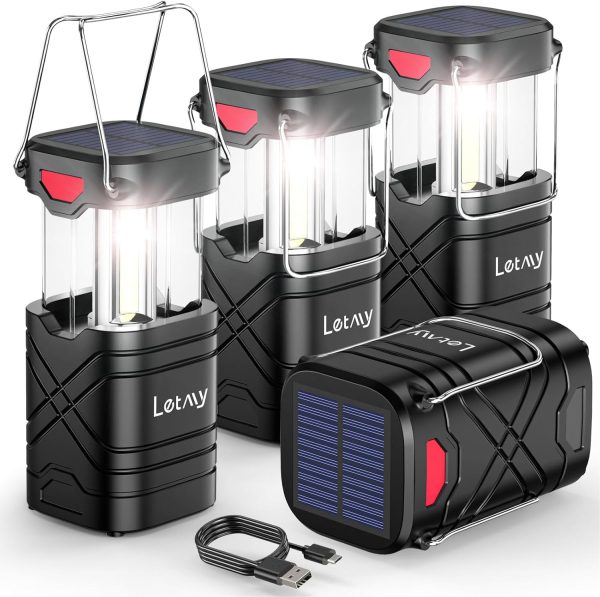 LETMY 4 Pack Camping Lantern, Rechargeable LED Lanterns, Solar Lantern Battery Powered Hurricane Lanterns Flashlight with 3 Powered Ways & USB Cable for Emergency, Power Outage, Hurricane Supplies - Image 9